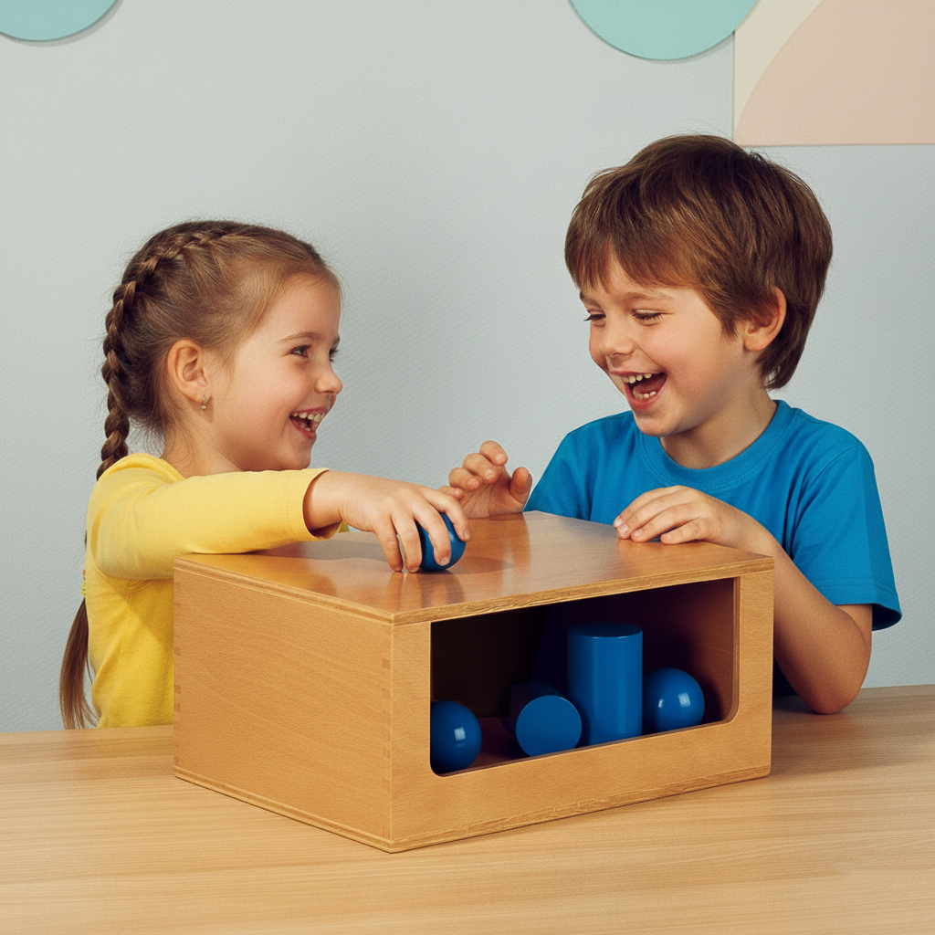 Two children playing with a wooden box containing blue balls on a light-colored surface.
