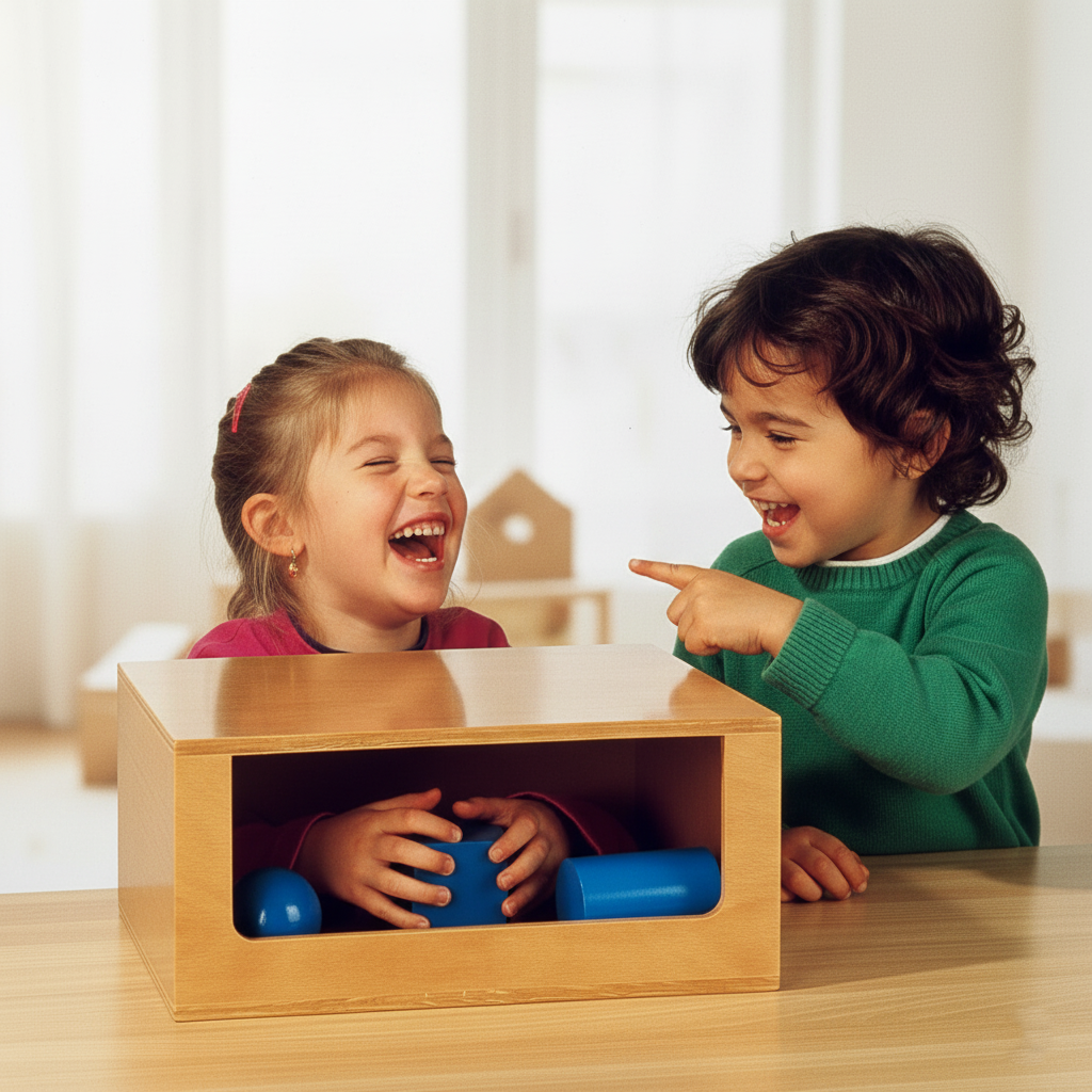Two children playing with a wooden box containing blue toys.