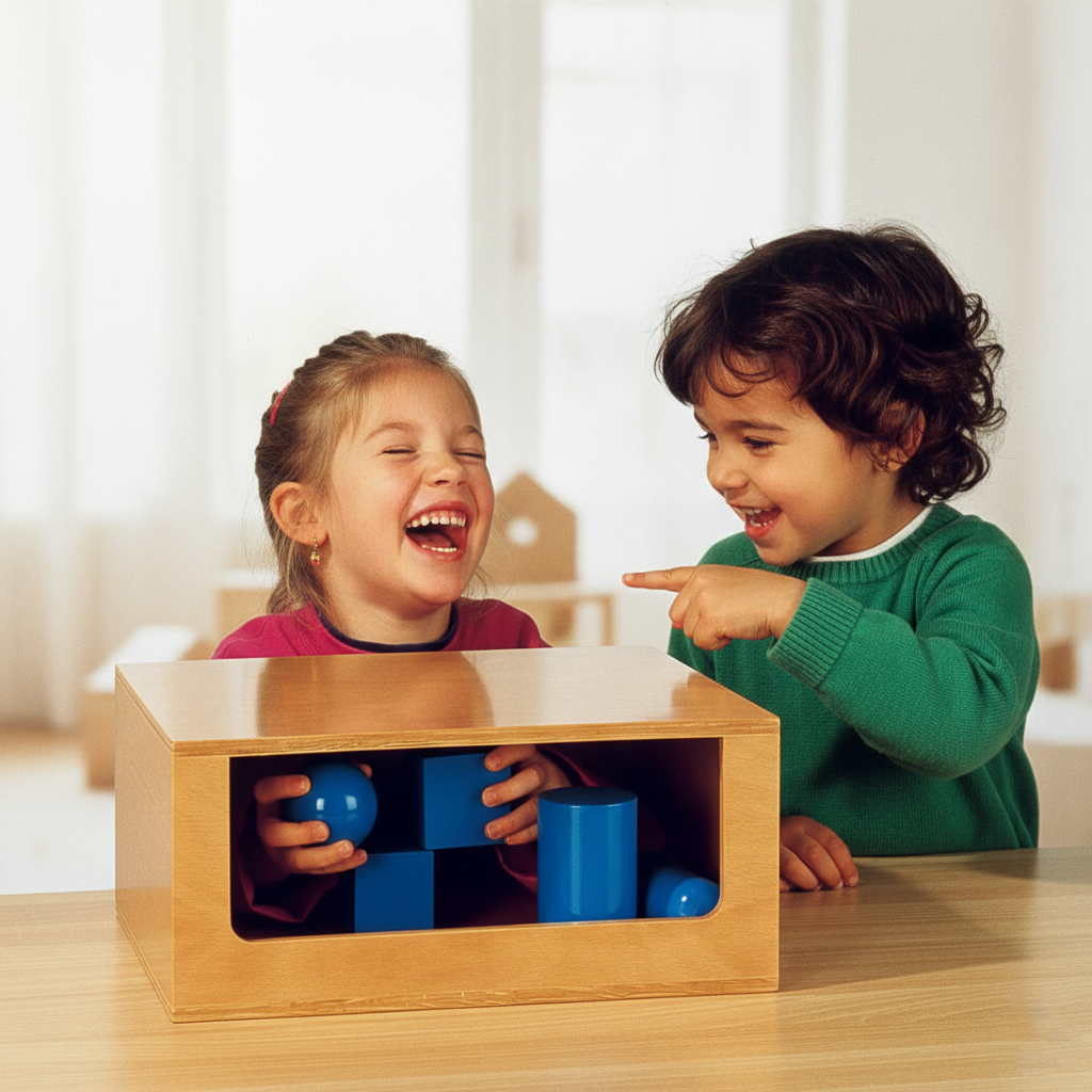 Two children playing with a wooden box containing blue blocks.