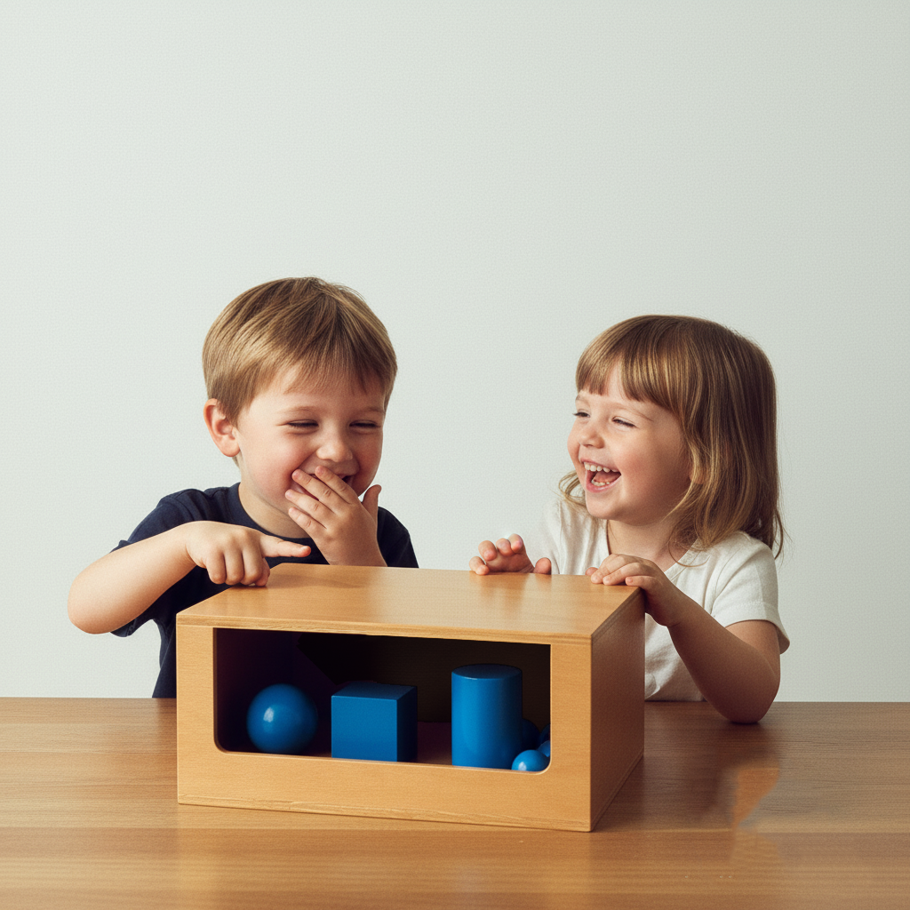 Two children playing with a wooden toy box containing blue blocks and a ball.